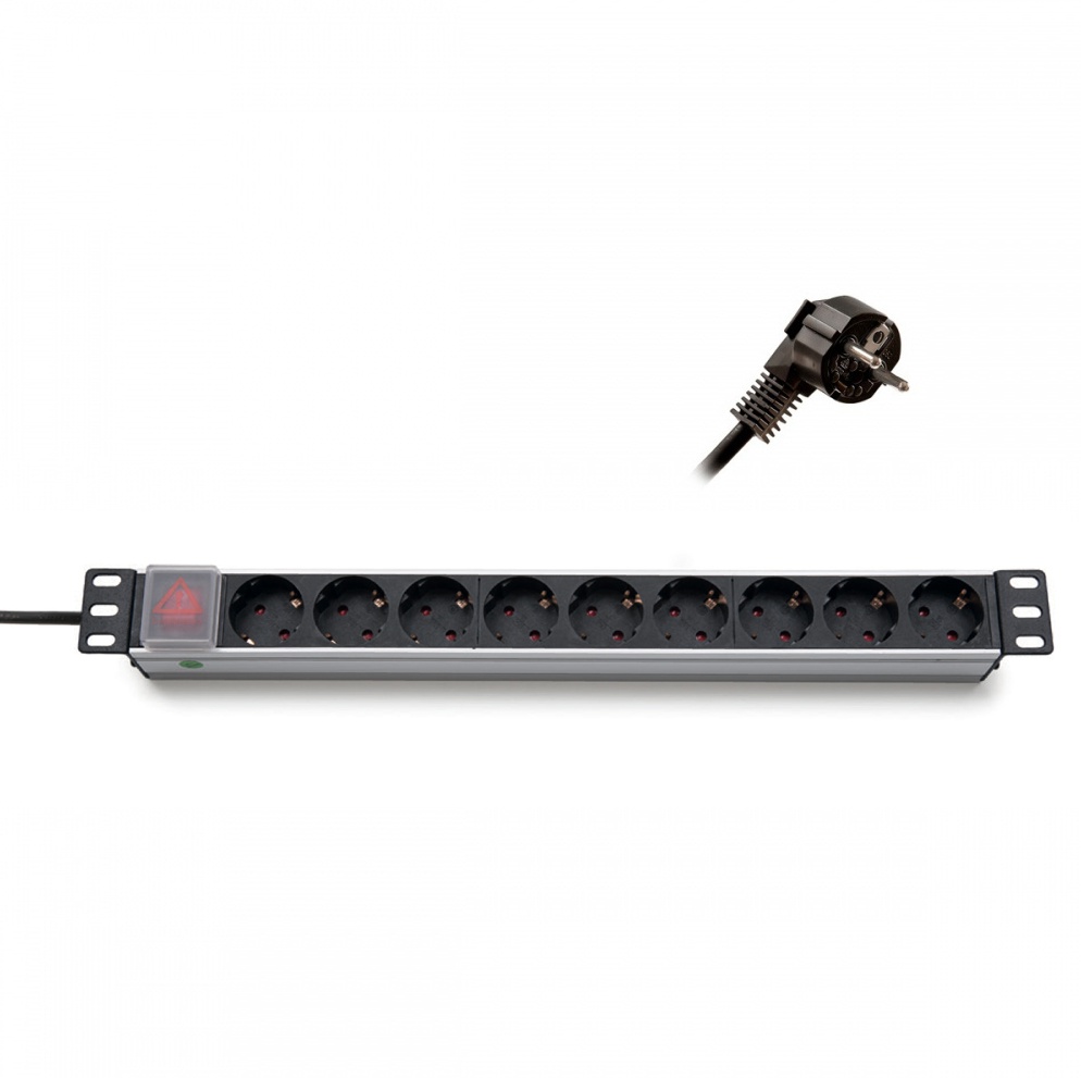 19“ Разклонител, 9 x 230 V Шуко с ключ 1U