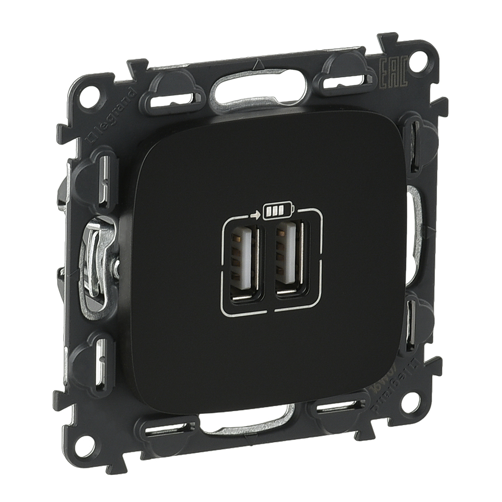 Розетка 2хUSB за зареждане тип A 2.4A 12W цвят Черен Valena Allure (комплект с механизъм) Legrand