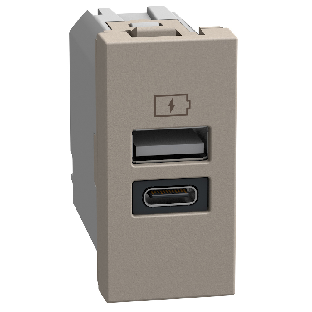 Розетка 2xUSB за зареждане тип A+C 3A 15W 1 мод. цвят Камък Light Now Bticino