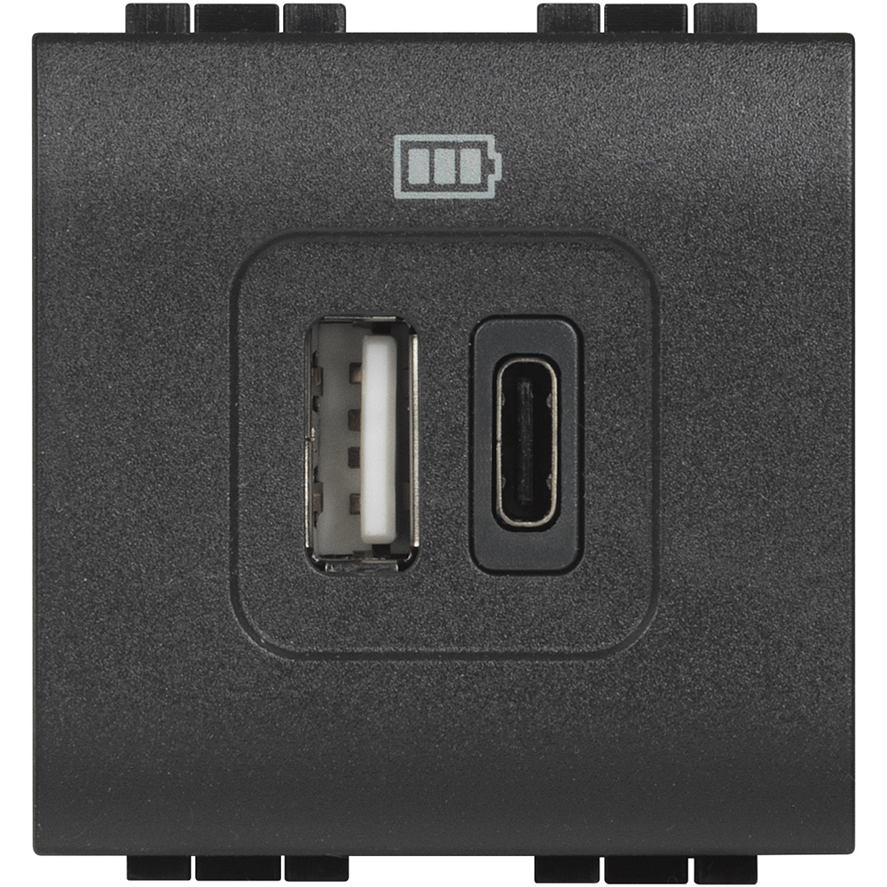 Розетка 2xUSB за зареждане тип A+C 3A 15W 2 модула цвят Антрацит LL Bticino
