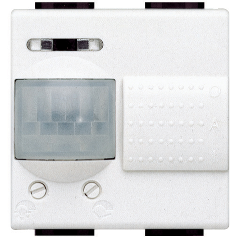 Датчик за движение PIR, 105°, обхват 6m @ h=1.2m, LED ≤ 50W, с ключ, изисква неутрала, 2 модула цвят бял LL Bticino