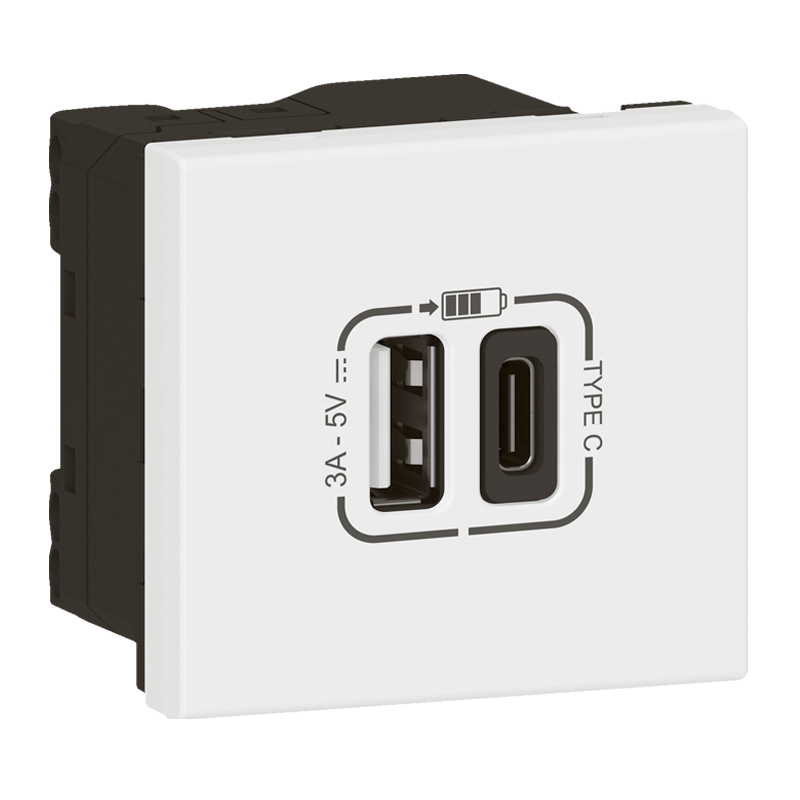 Розетка 2хUSB за зареждане тип A+C 3A 15W 2 модула Link цвят Бял Mosaic Legrand