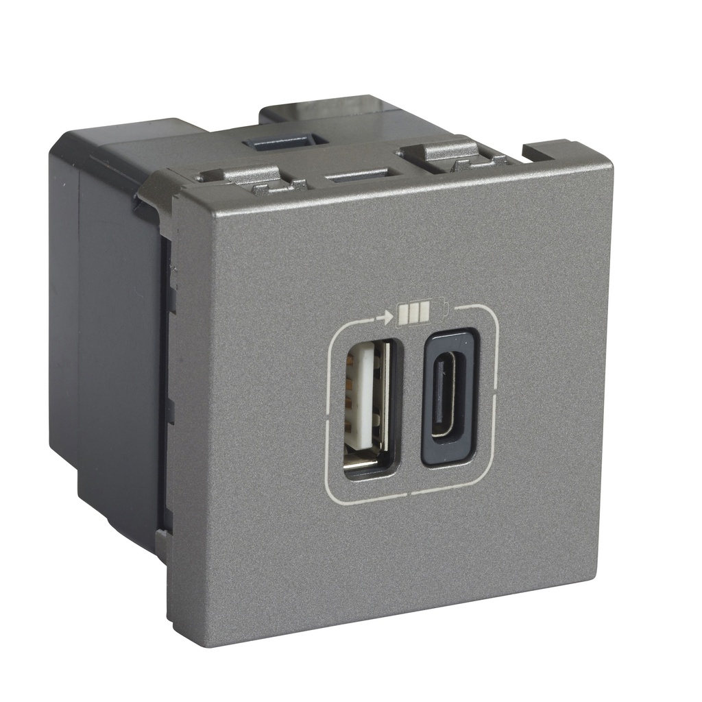 Розетка 2хUSB за зареждане тип A+C 3A 15W 2 модула цвят Алуминий Mosaic Legrand