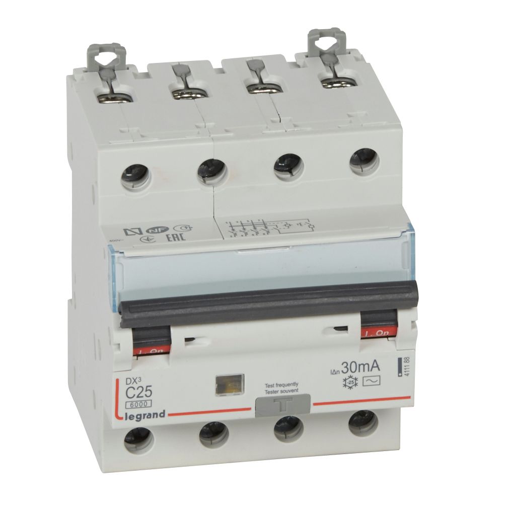 ДТЗ комбинирана DX3 4P 25A крива C 30mA тип AC 6kA 4 модула Legrand