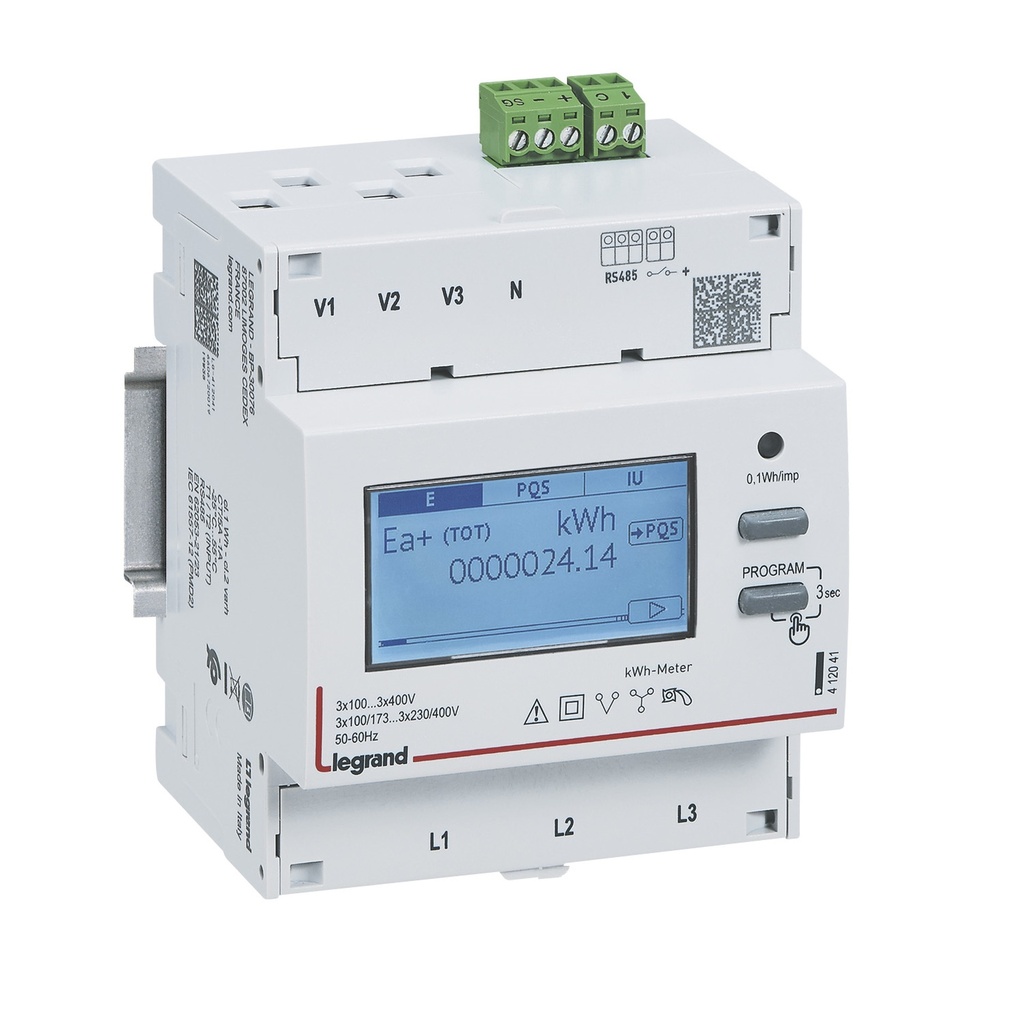 Трифазен електромер за ИНДИРЕКТНО мерене на ел. енергия EMDX3, Modbus, 2 тарифи, за DIN монтаж 4 мод, MID Legrand