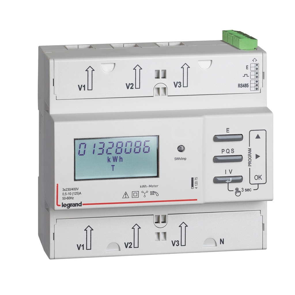 Трифазен електромер за ДИРЕКТНО мерене на ел. енергия EMDX3, Modbus, 2 тарифи, за DIN монтаж 6 мод, 125A, MID Legrand