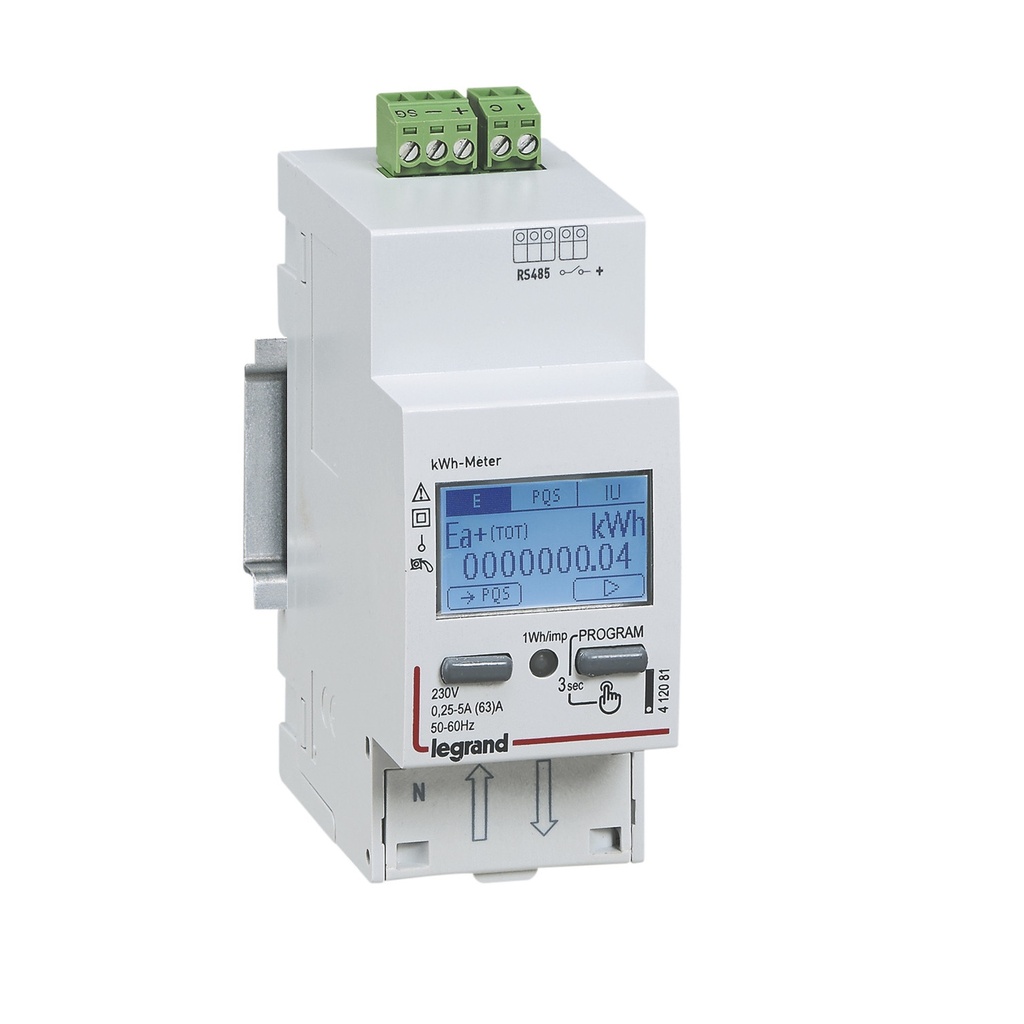 Монофазен електромер за ДИРЕКТНО мерене на ел. енергия EMDX3, Modbus, 2 тарифи, за DIN монтаж 2 мод, 63A, MID Legrand