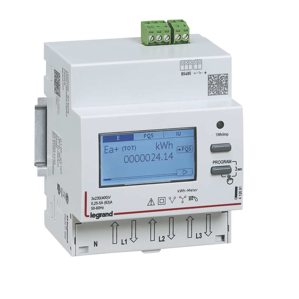 Трифазен мерител за ДИРЕКТНО мерене на ел. енергия EMDX3, Modbus, 2 тарифи, за DIN монтаж 4 мод, 63A, Legrand
