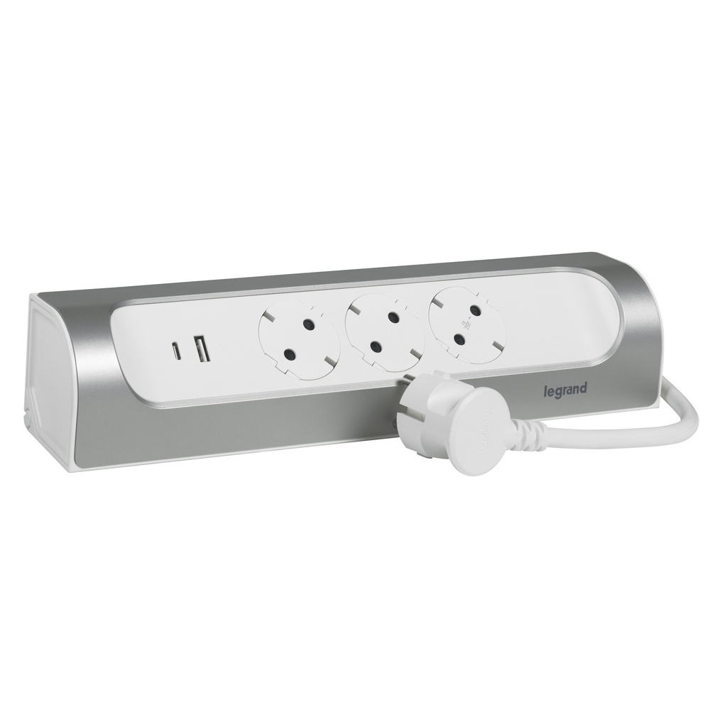 Разклонител ъглов сив 3x2P+E с кабел 1 метър с USB A+C 3A 15W Corner NEW Legrand