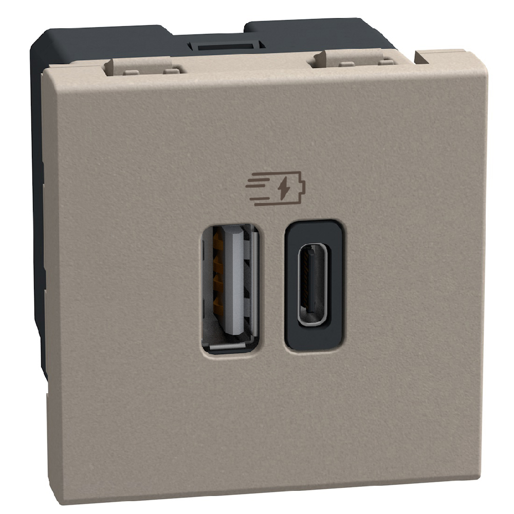 Розетка 2xUSB за зареждане тип A+C 3A 15W 2 модула цвят Камък Light Now Bticino