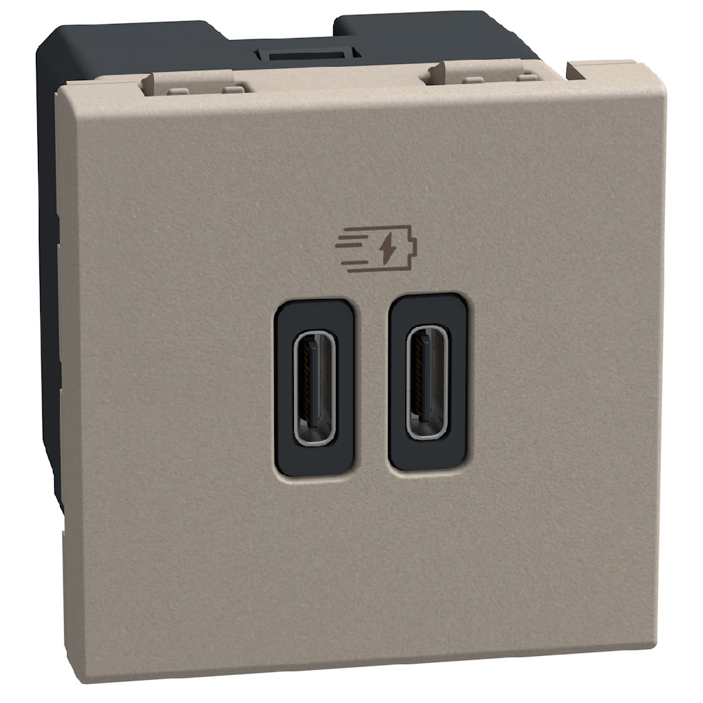 Розетка 2xUSB за зареждане тип C+C 3A 30W 2 модула цвят Камък Light Now Bticino
